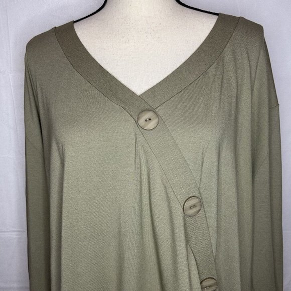 J Jill Stretch Womens Sz 3X Olive Green Faux Wrap Crossover Tunic Big Buttons - Picture 2 of 7